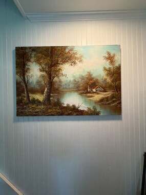 I. Cafieri Original Oil on Canvas River Landscape Painting with Cabin